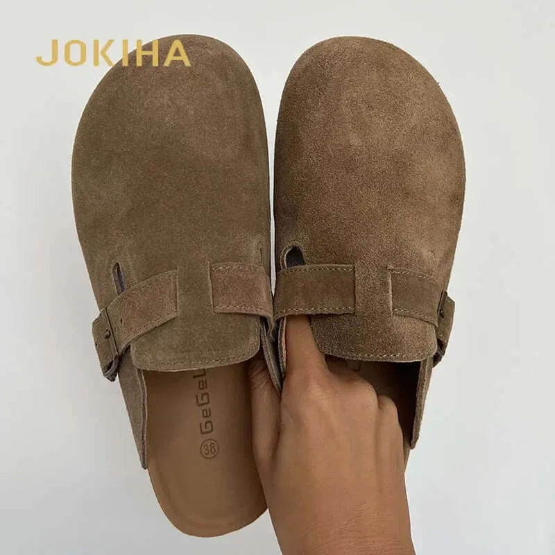 2023 Women's Closed Toe Slippers Cow Suede Leather Clogs Sandals For