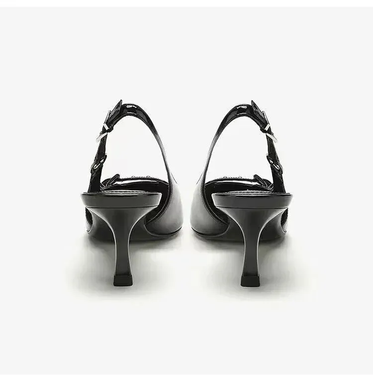 2024 Black Pointy Kitten Heel Sandals with Buckle - JAYHW Summer Collection