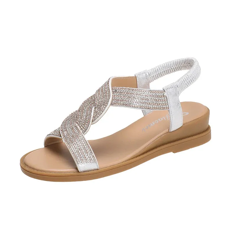 2024 New Fashion Flat Woman Sandals Shoes Round Toe Summer Shoes Women Heel Diamond Decoration Slip on Size 35-40 Sandals Women