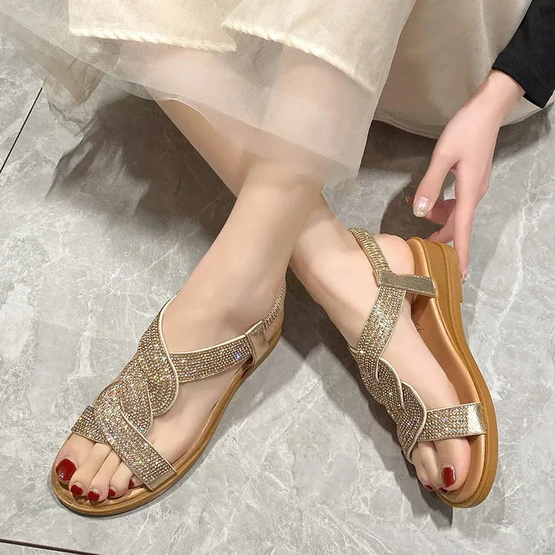 2024 New Fashion Flat Woman Sandals Shoes Round Toe Summer Shoes Women Heel Diamond Decoration Slip on Size 35-40 Sandals Women