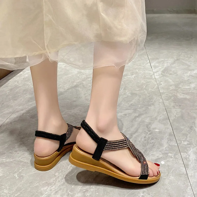 2024 New Fashion Flat Woman Sandals Shoes Round Toe Summer Shoes Women Heel Diamond Decoration Slip on Size 35-40 Sandals Women