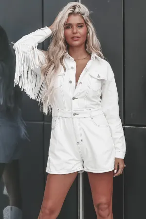 A Match Made In Heaven White Denim Fringe Romper