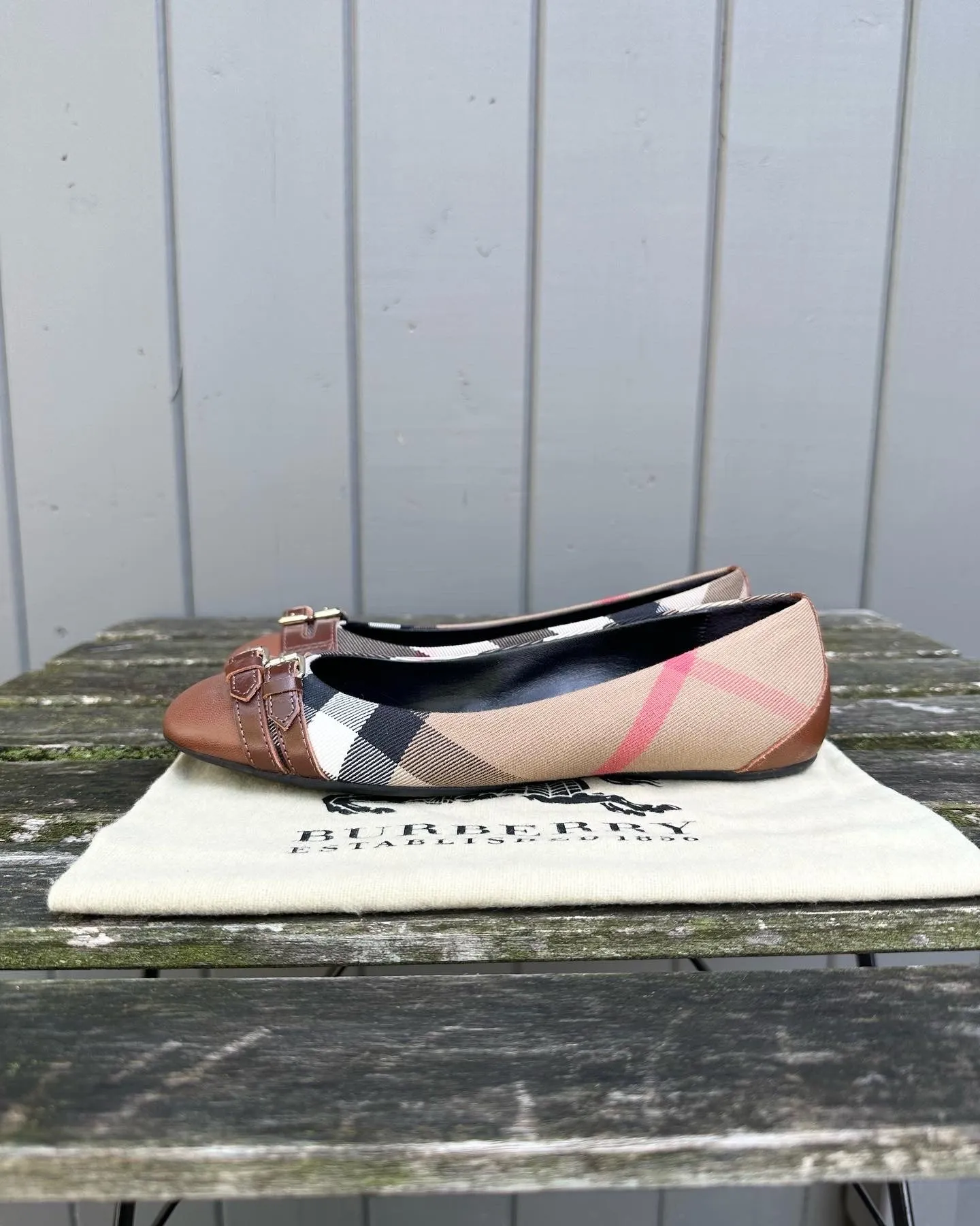 BURBERRY Brown Check Canvas Leather Ballet Flats