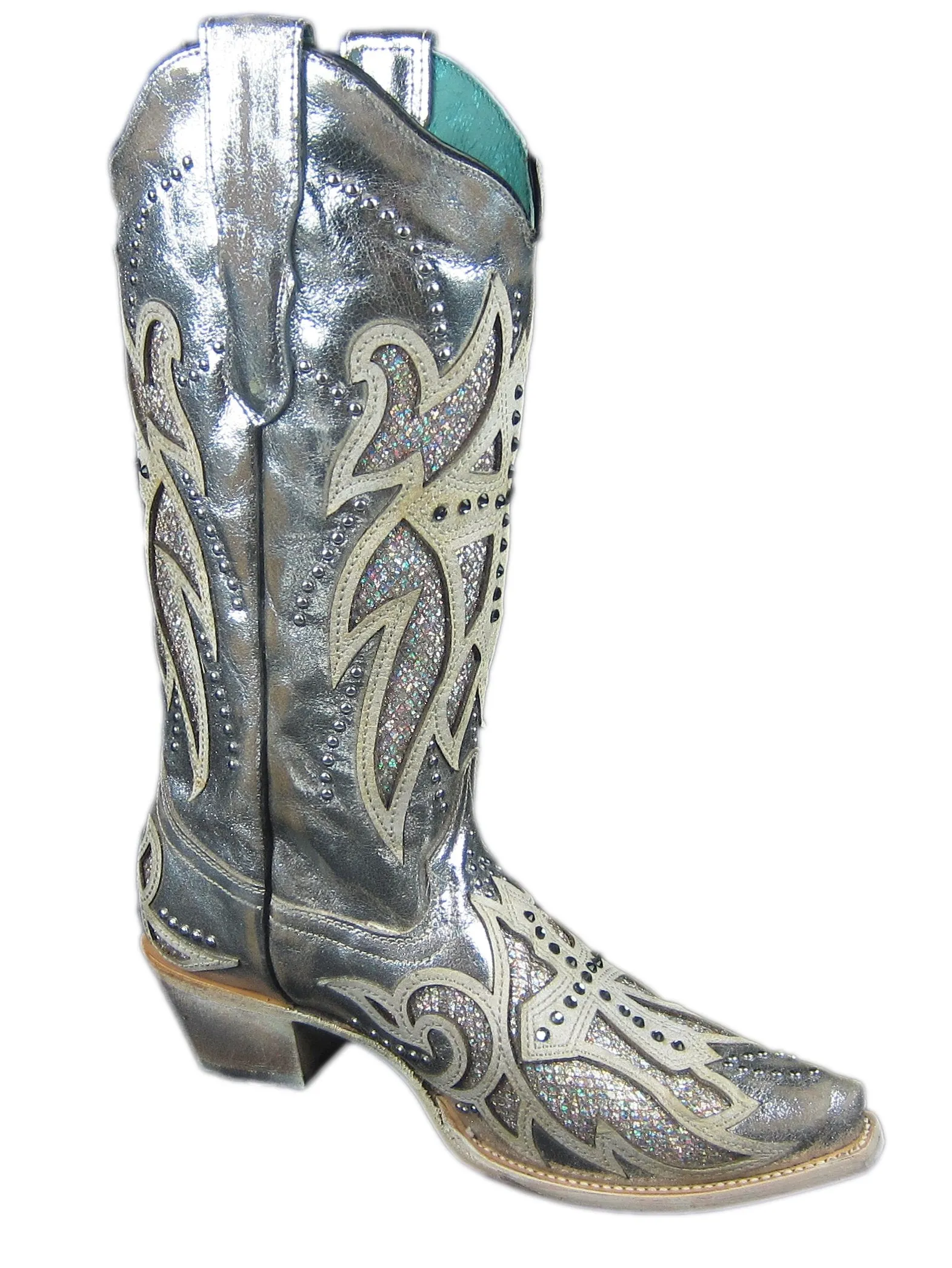 CORRAL Ladies Boots Laser Inlay Embroidered Studded, Silver E1546