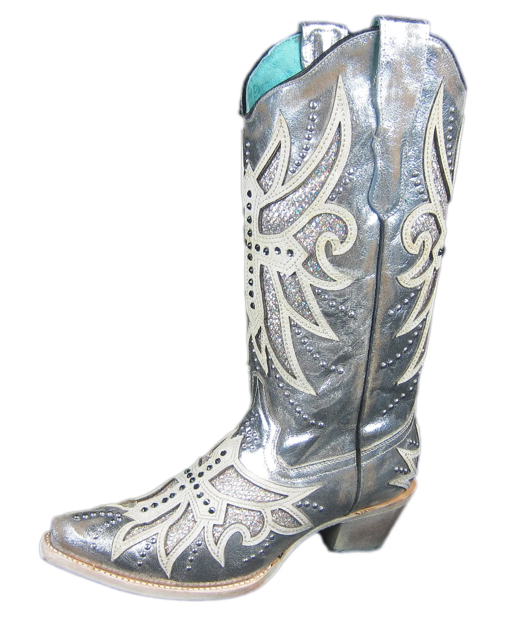 CORRAL Ladies Boots Laser Inlay Embroidered Studded, Silver E1546