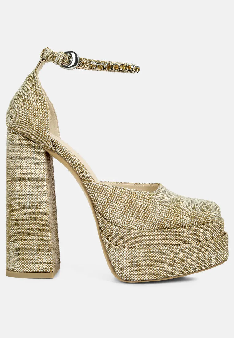 COSETTE Diamante Embellished Ankle Strap High Block Heel Sandals in Beige