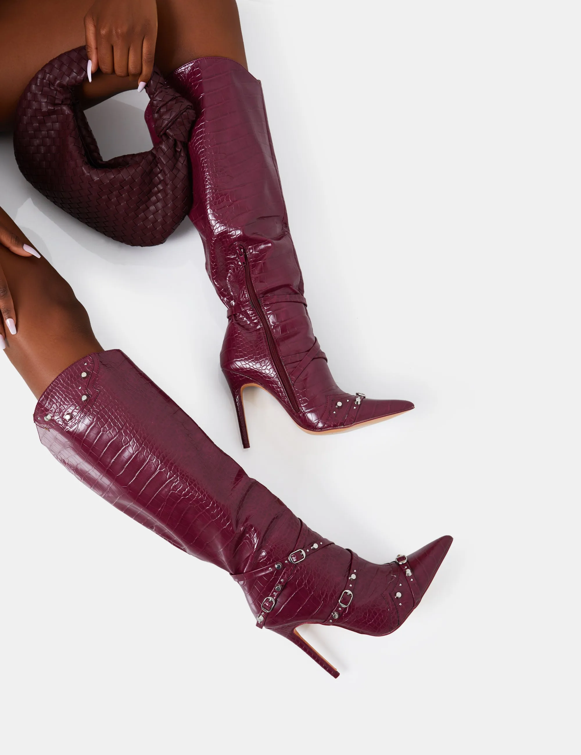 Doja Wide Fit Burgundy Croc Studded Zip Detail Pointed Toe Stiletto Knee High Boots