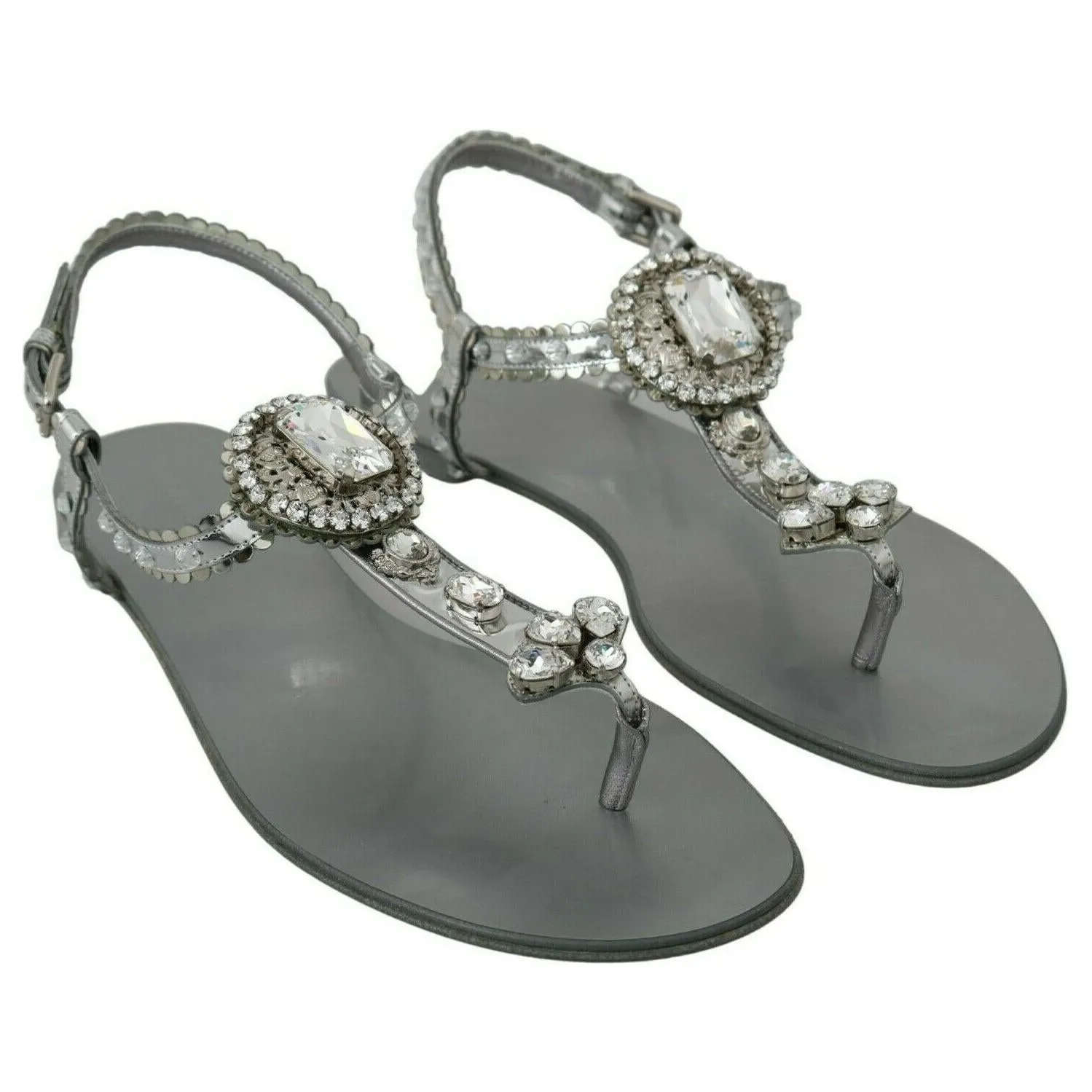 Dolce & Gabbana Elegant Silver Flats with Crystal Embellishments