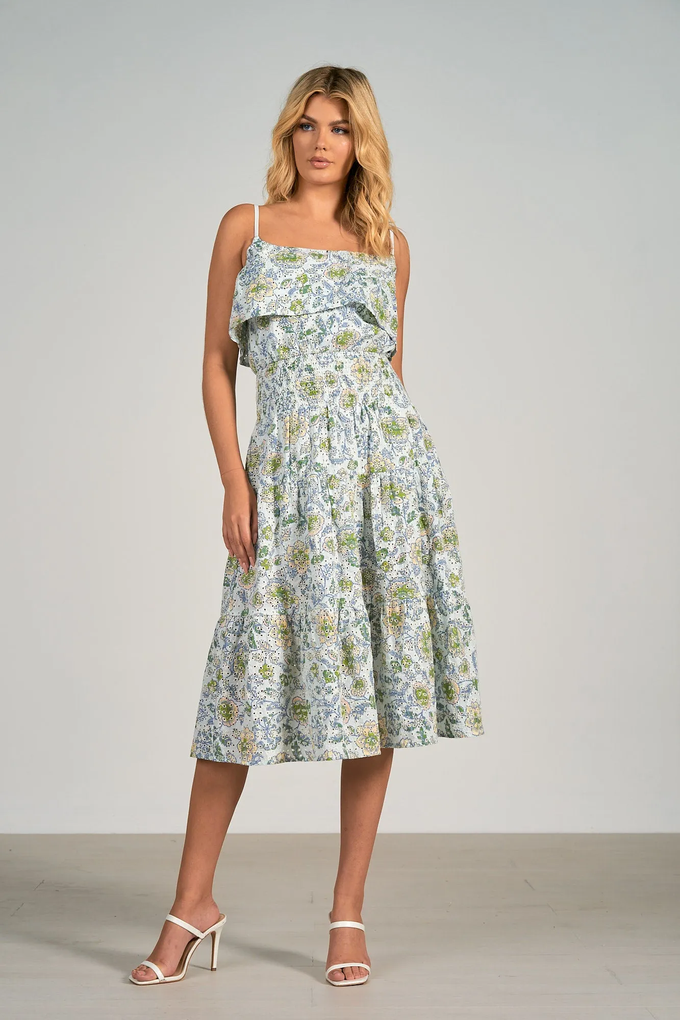 Elan White Floral Spaghetti Strap Eyelet Midi Dress