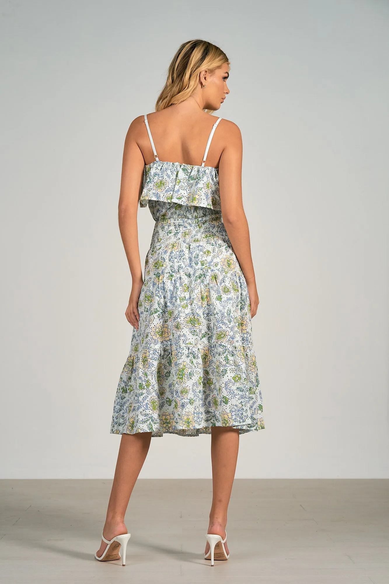 Elan White Floral Spaghetti Strap Eyelet Midi Dress