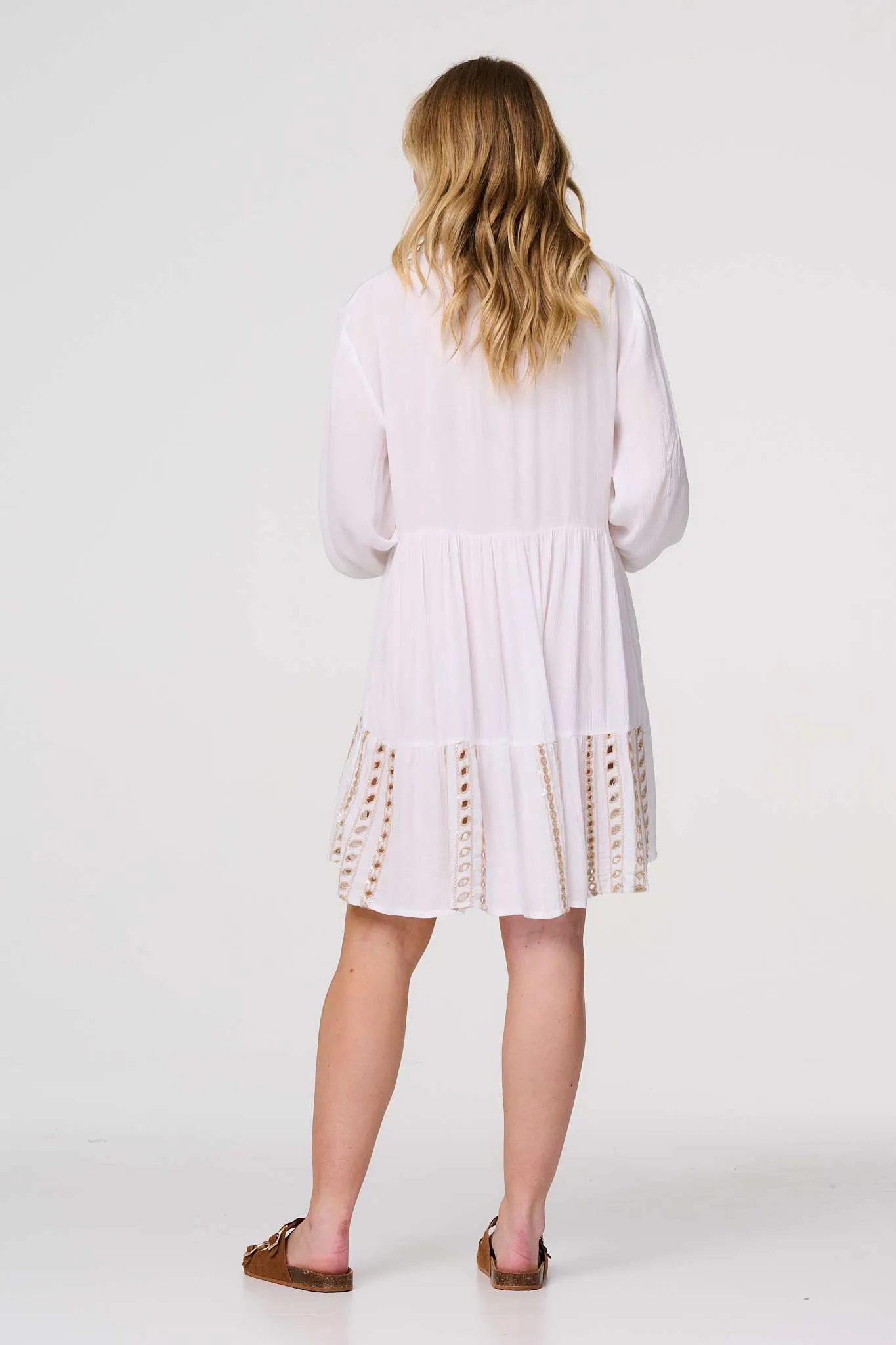 Embroidered V-Neck Tiered Smock Dress