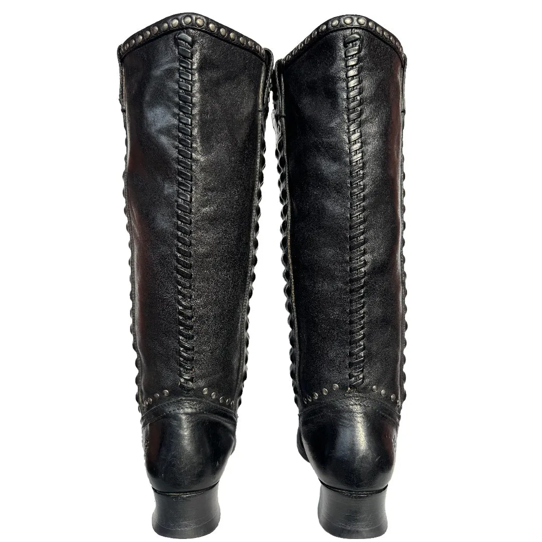 FRYE Vintage Studded Tall Knee High Black Leather Biker Moto Riding Boots