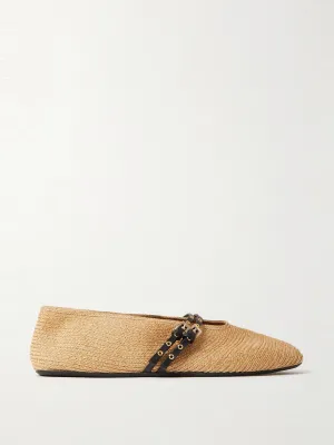 Leather-trimmed raffia ballet flats