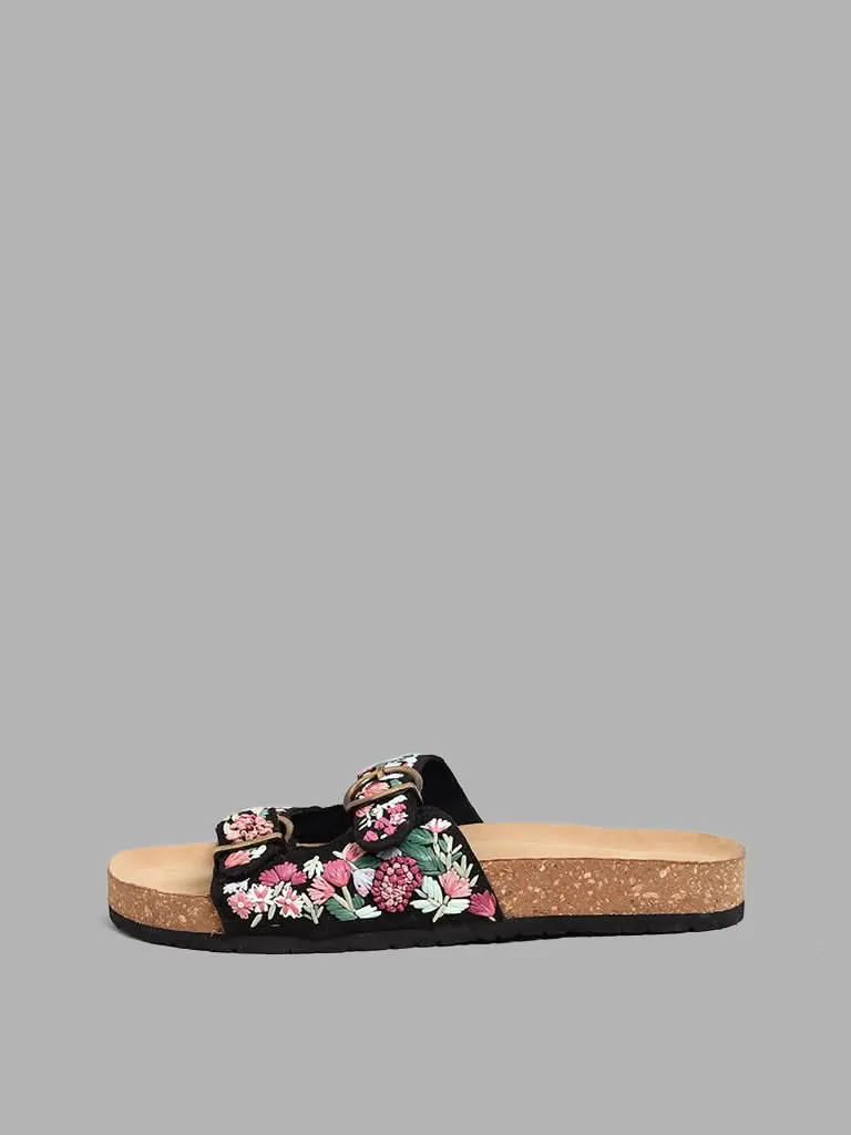 LUNA BLU Floral Embroidered Double Band Black Comfort Sandals