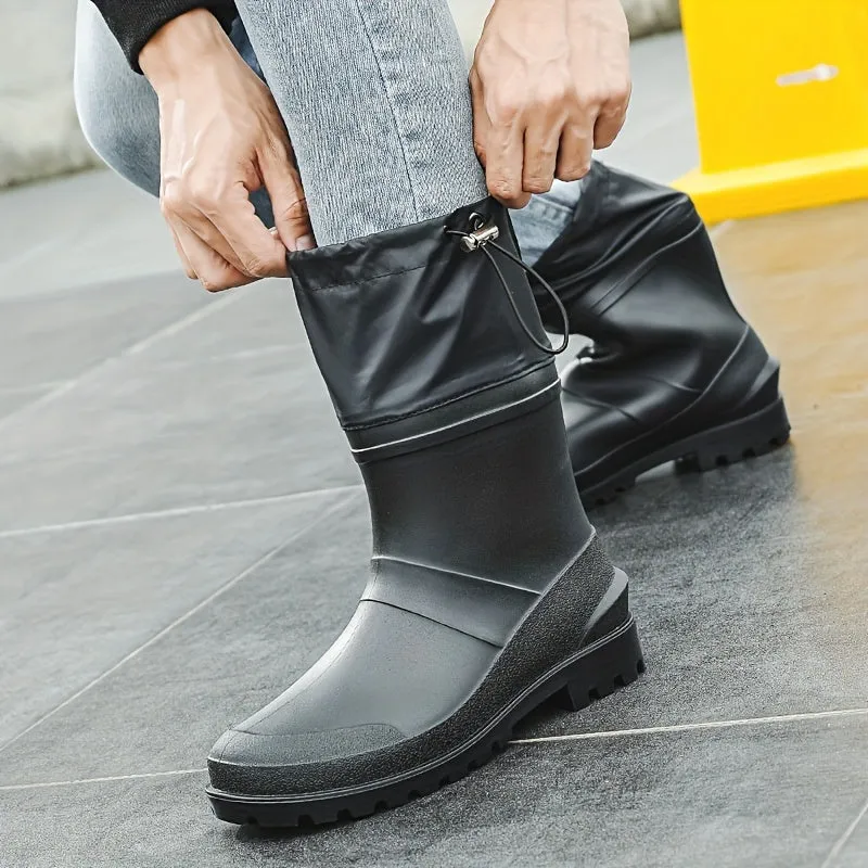 Men's Adjustable Drawstring Rain Boots Fashion Outdoor Non-Slip Hiking Mid-Calf Waterproof PVC Shoes for Work Site & All-Season Wear