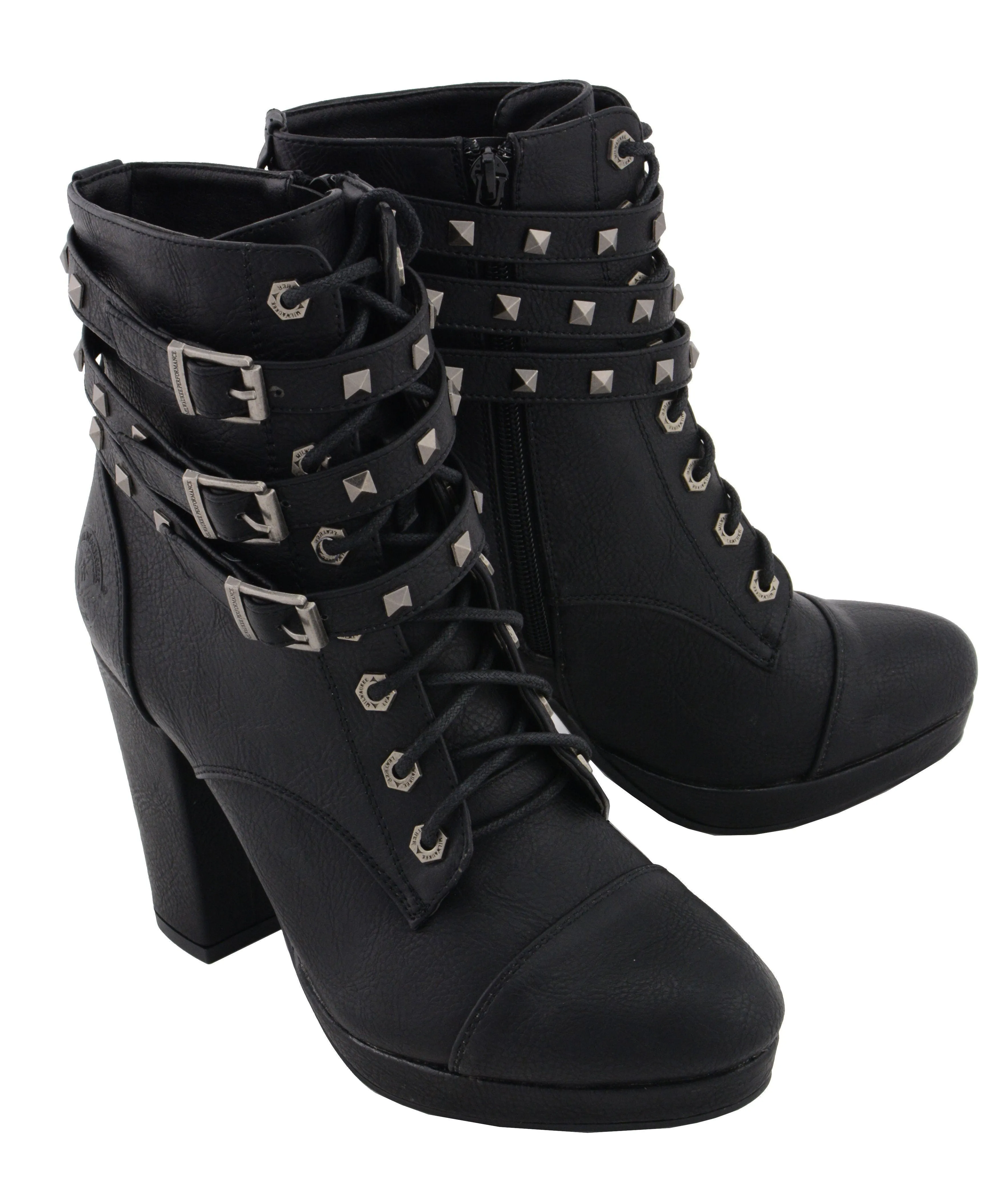 Milwaukee Leather MBL9417 Women's Black Lace-Up Fashion Boots with Triple Strap Studded Accents