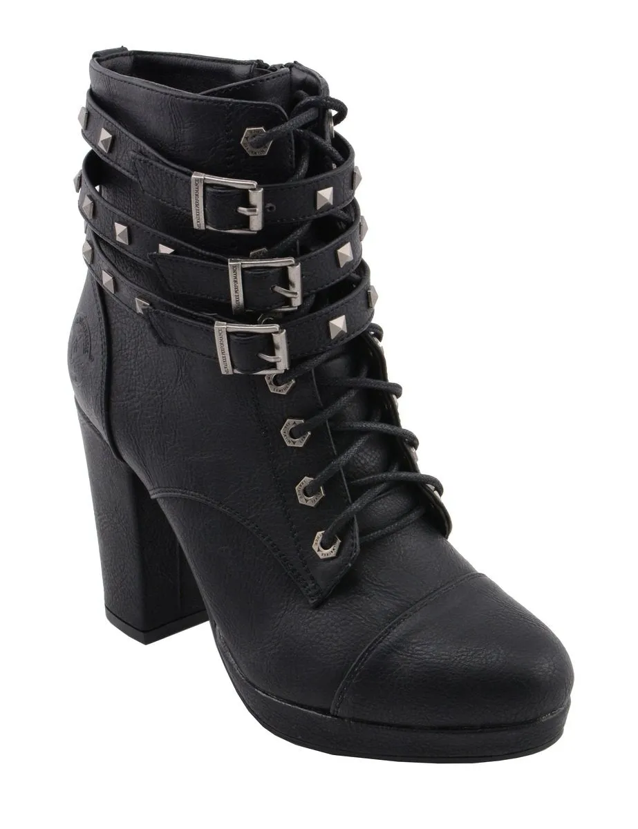 Milwaukee Leather MBL9417 Women's Black Lace-Up Fashion Boots with Triple Strap Studded Accents