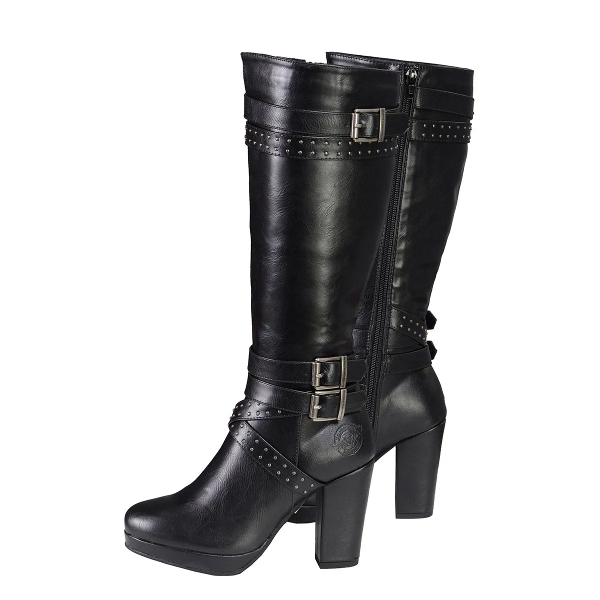 Milwaukee Leather MBL9422 Women's Tall Black Studded Strap Fashion Casual Boots with Platform Heel