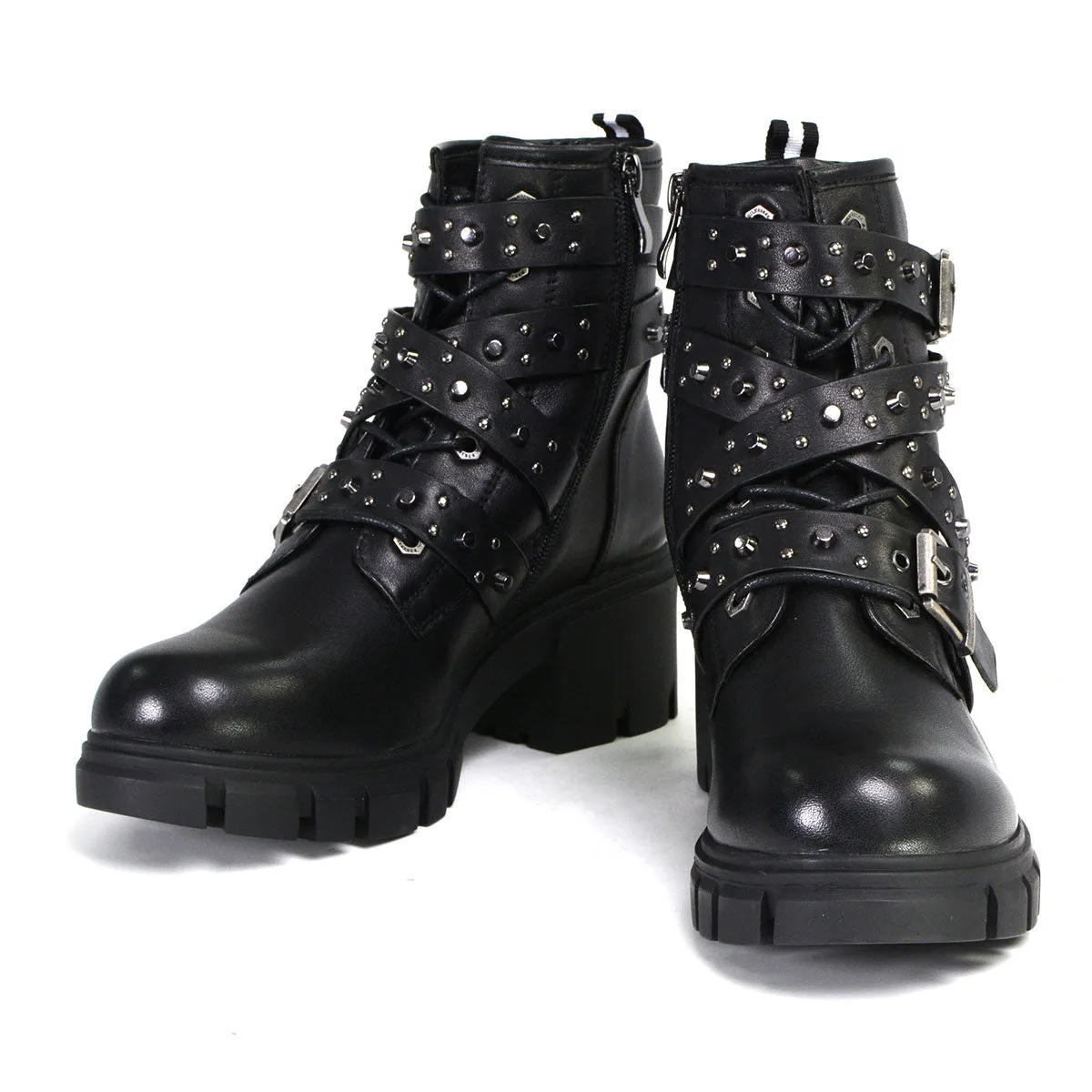 Milwaukee Leather Women's Bruiser Premium Black Leather Lace-Up Fashion Boots with Studded Straps MBL9444