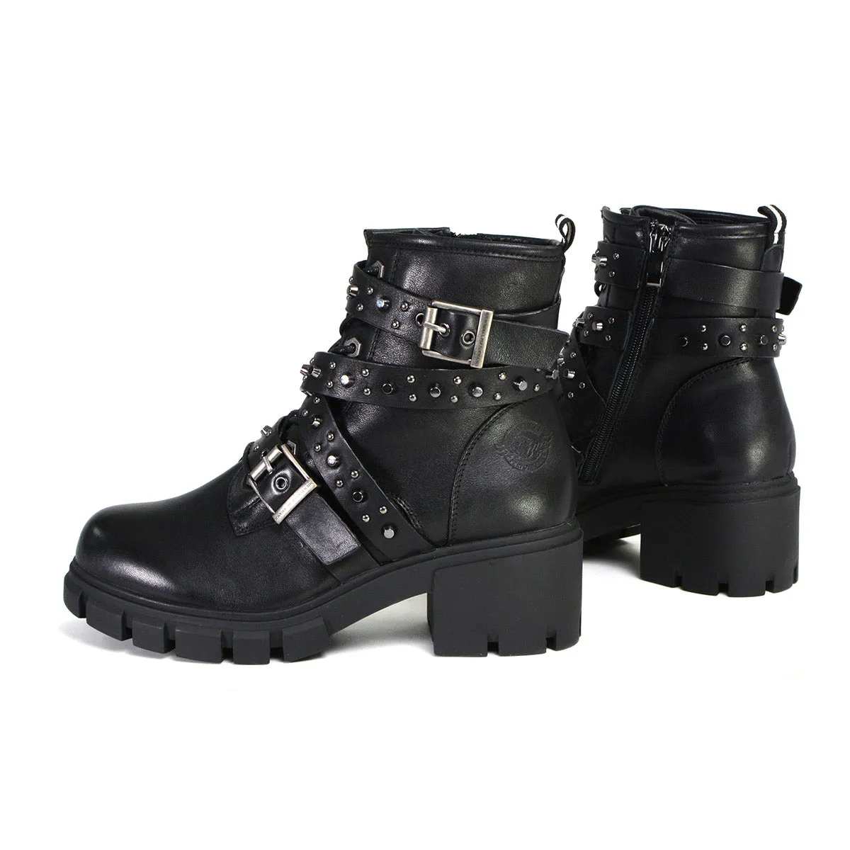 Milwaukee Leather Women's Bruiser Premium Black Leather Lace-Up Fashion Boots with Studded Straps MBL9444