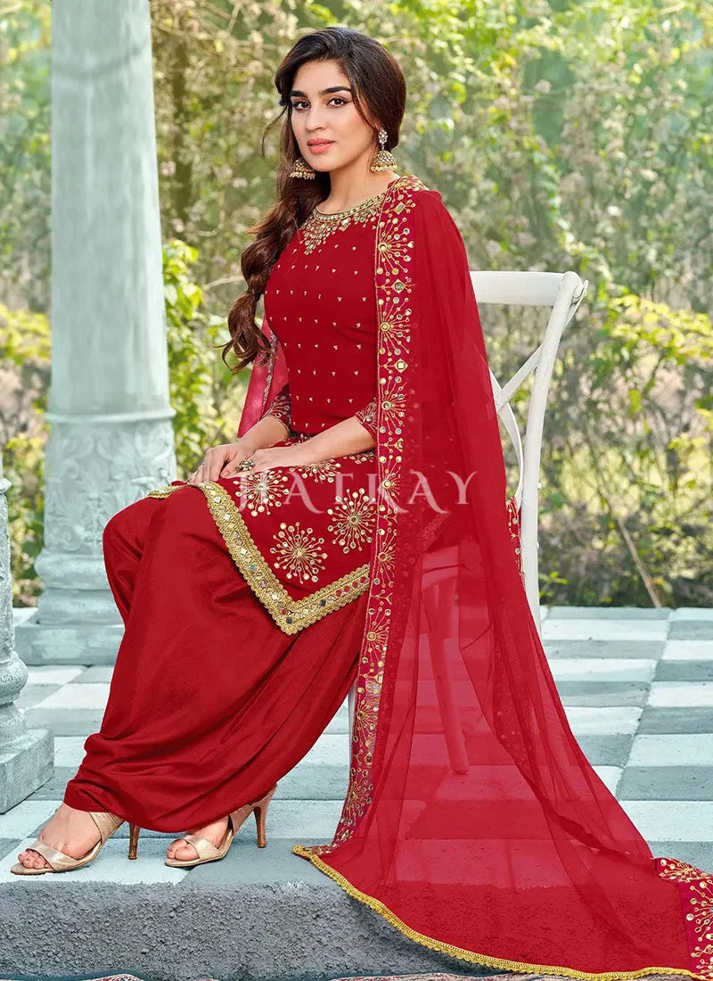 Red Mirror Work Embroidered Patiala Suit