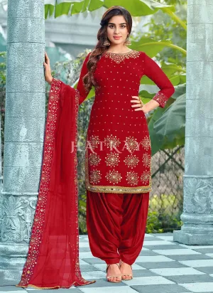 Red Mirror Work Embroidered Patiala Suit