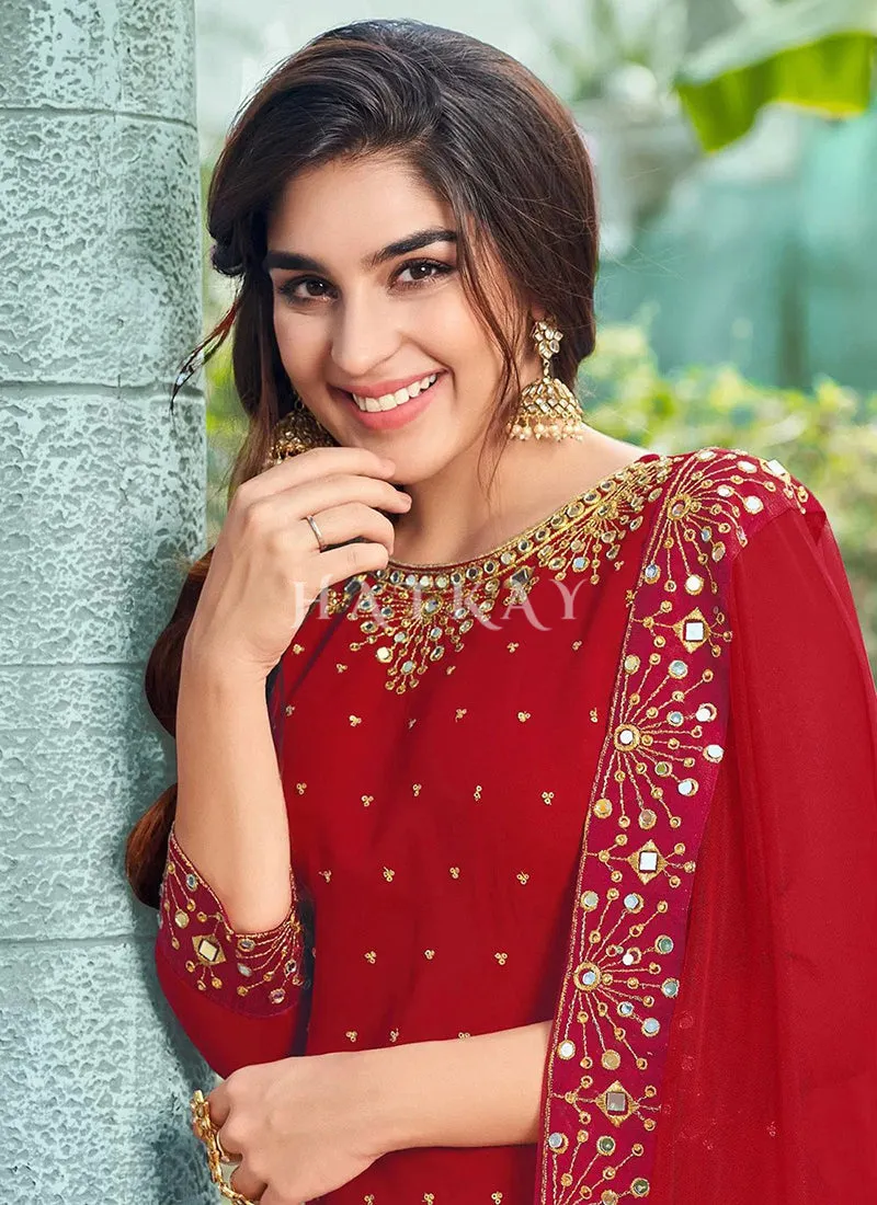 Red Mirror Work Embroidered Patiala Suit