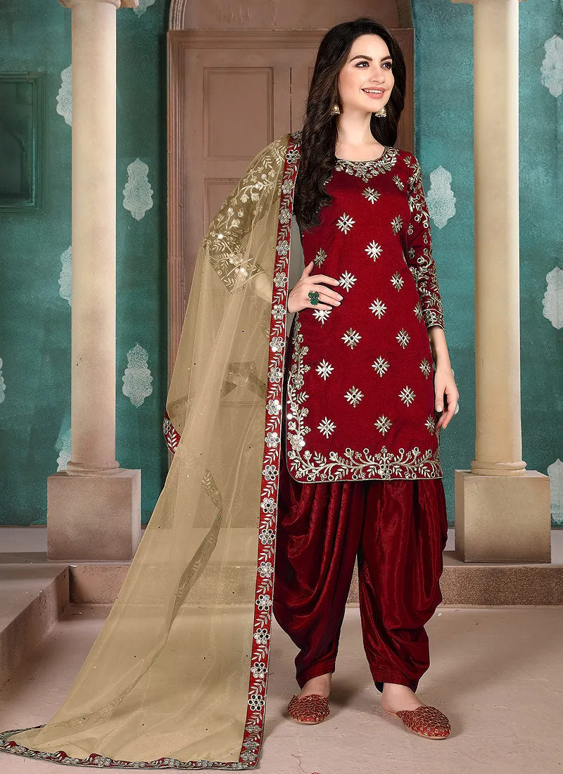 Red Mirror Work Punjabi Suit