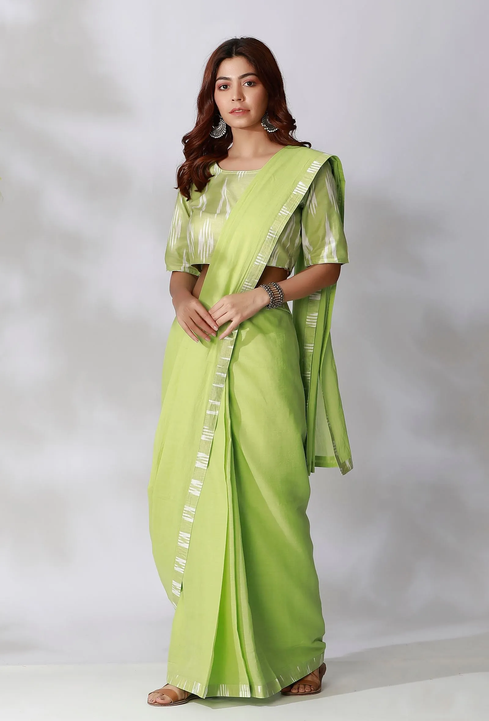 Set Of 2- Lime Green Ikkat Border Saree with Lime Green Ikkat Blouse