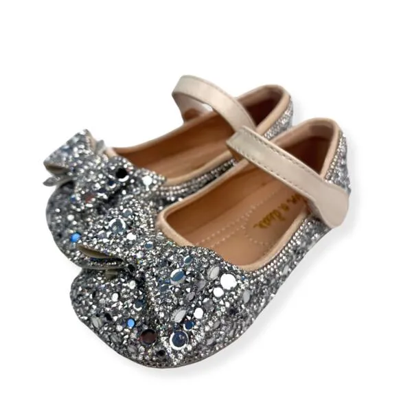 Silver Embellished Bowtie Flat Shoes in Beige