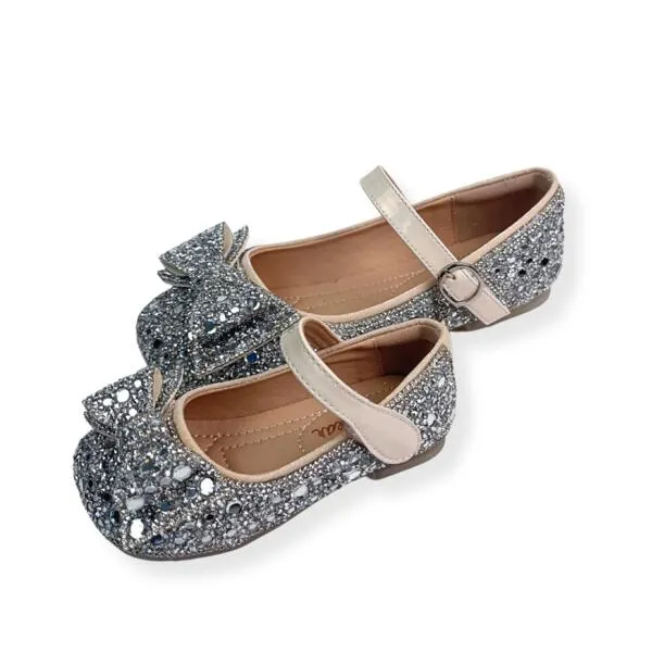 Silver Embellished Bowtie Flat Shoes in Beige