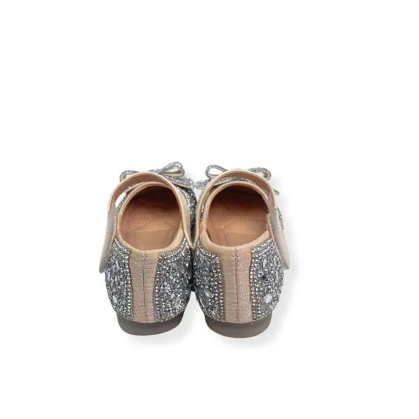 Silver Embellished Bowtie Flat Shoes in Beige