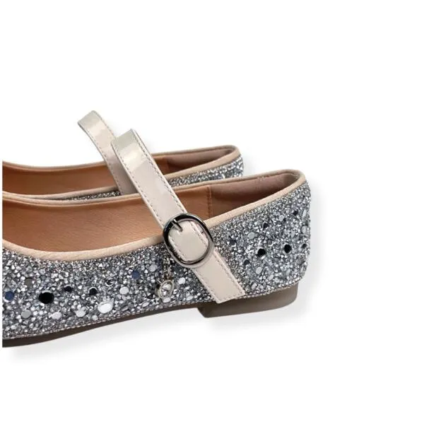 Silver Embellished Bowtie Flat Shoes in Beige