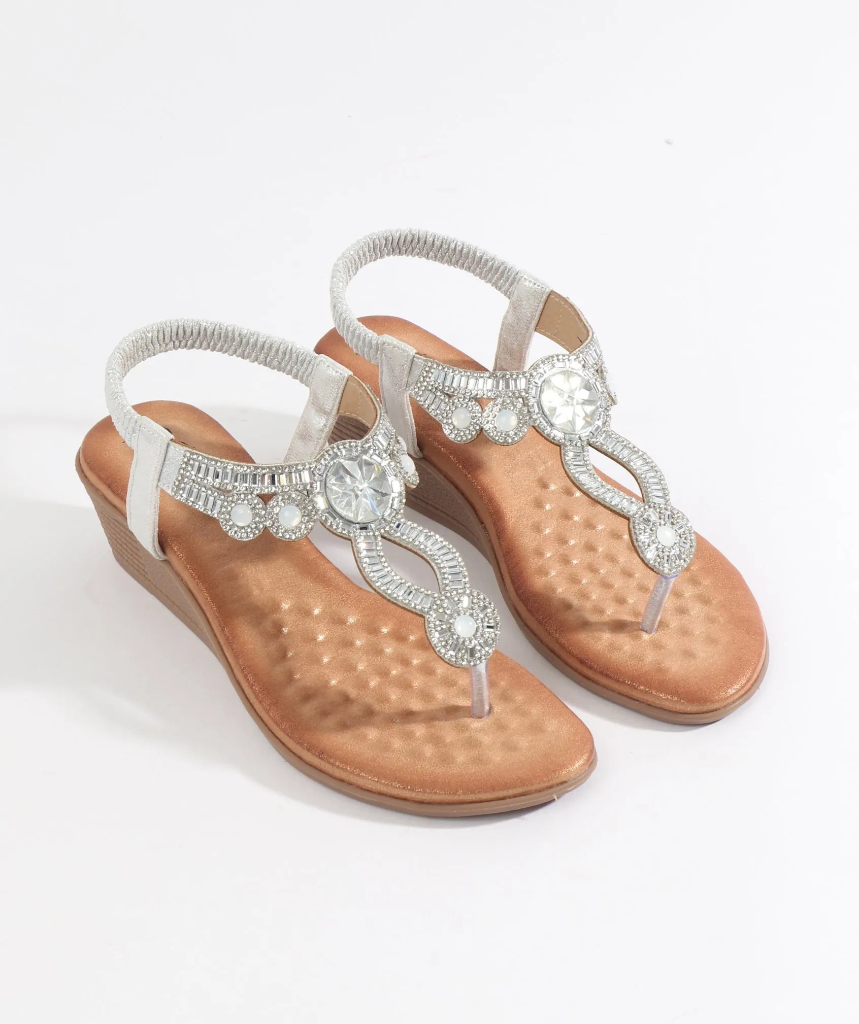 Silver Embellished Jewel Sandal with Wedged Heel