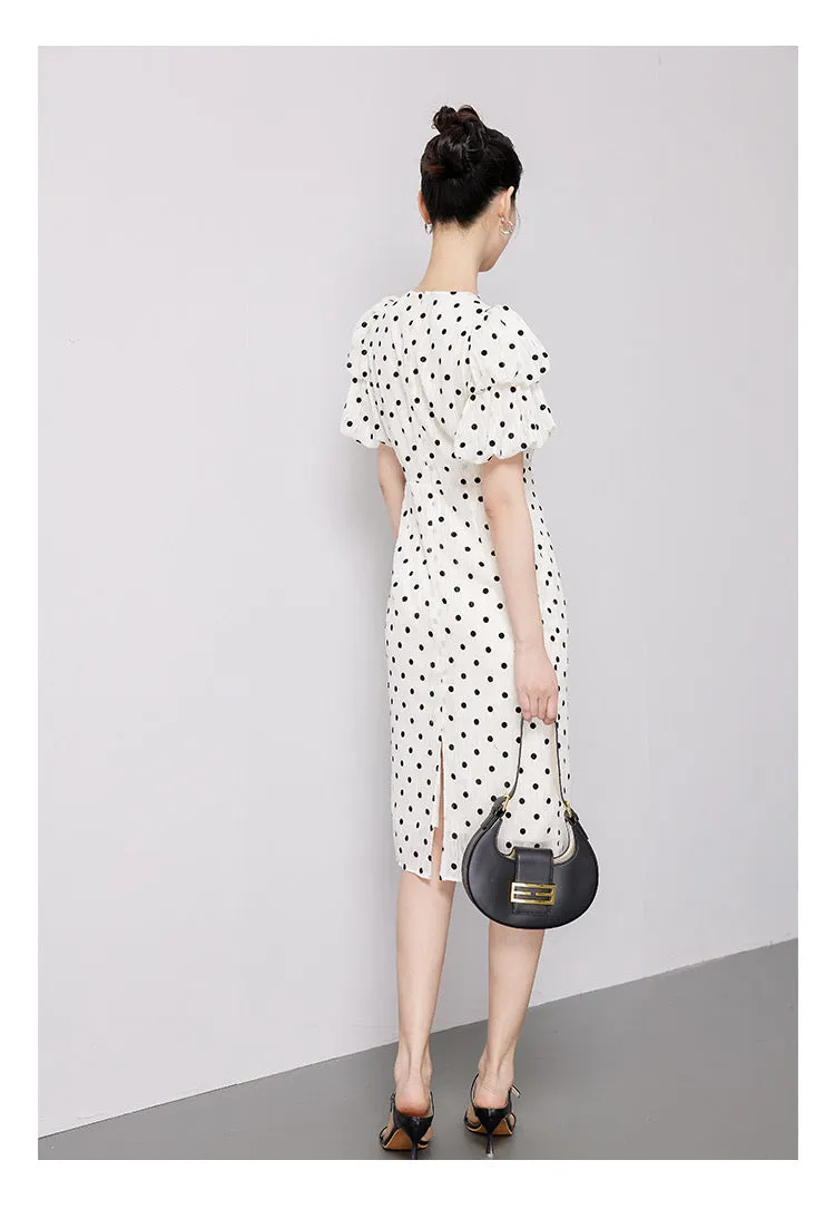 White Bubble Sleeves Polka Dot Dress