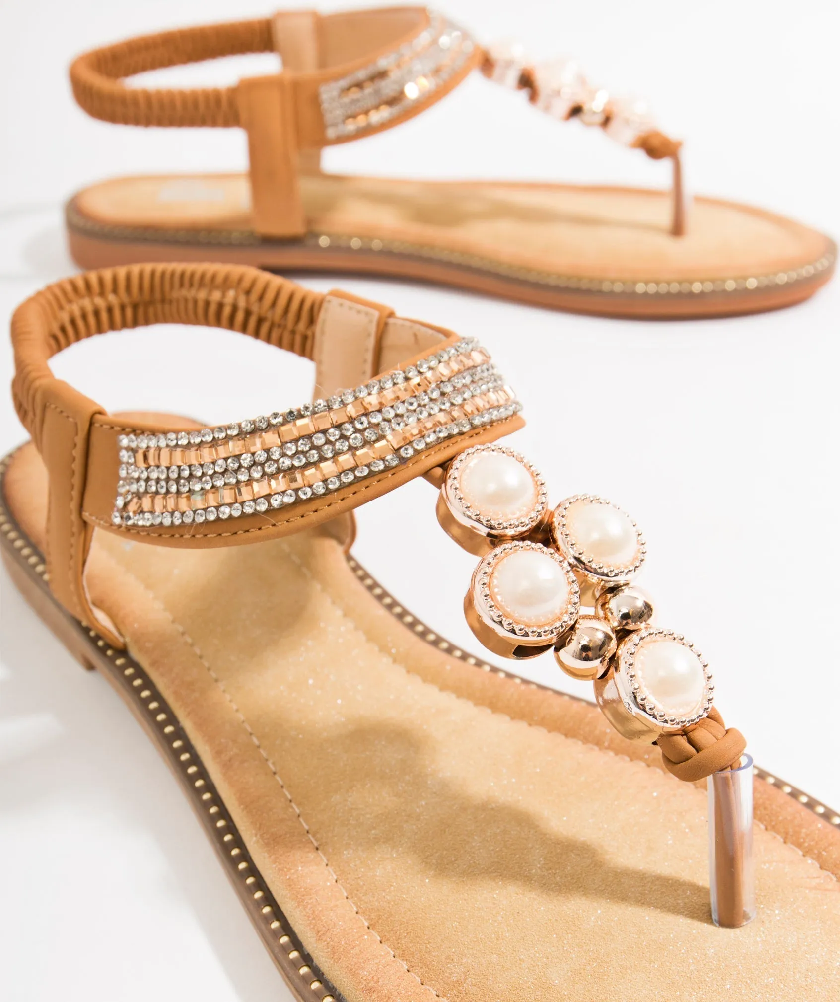 Women`s Embellished Toe Post Sandals - Tan