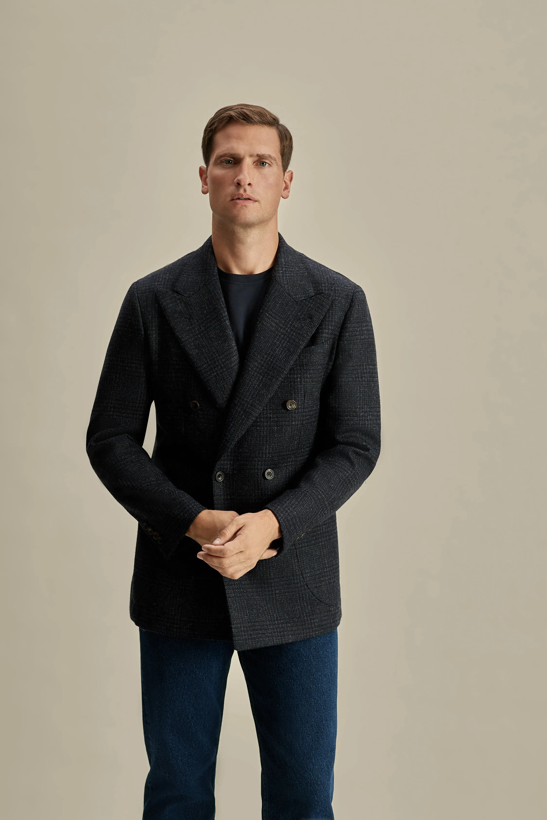 Wool Unstructured Double Breasted Peak Lapel Jacket